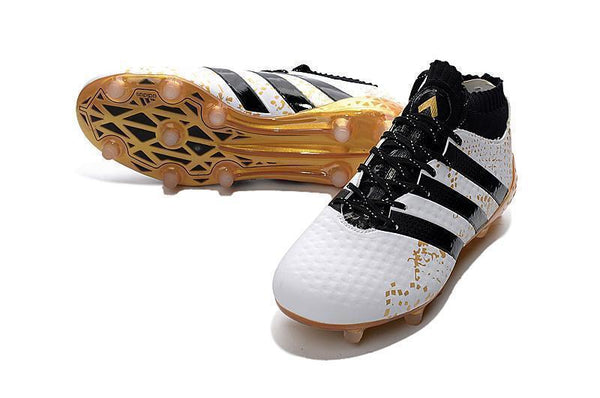 Adidas ACE 16.1 Primeknit FG/AG Soccer Shoes White Black Gold Metallic - SocSports