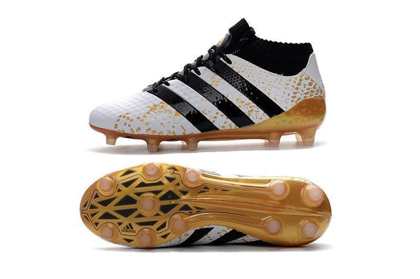 Adidas ACE 16.1 Primeknit FG/AG Soccer Shoes White Black Gold Metallic - SocSports