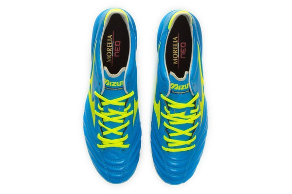 Mizuno Morelia Neo II FG Soccer Cleats Diva Blue Safety Yellow - SocSports