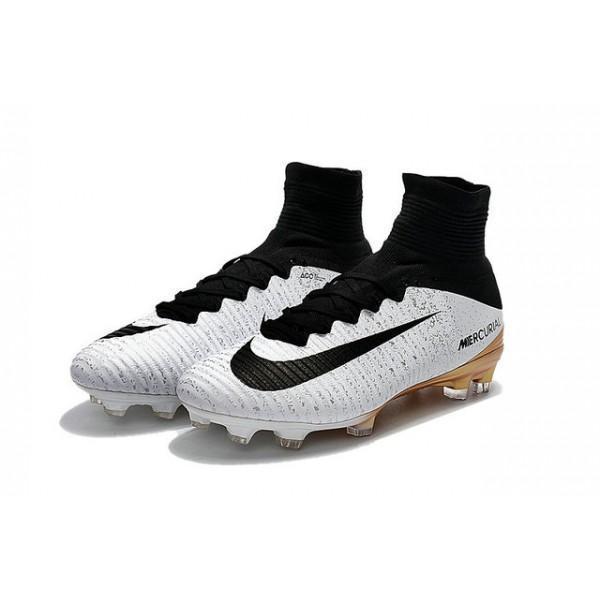 Nike Mercurial Superfly V FG Soccer Cleats White Black Gold - SocSports
