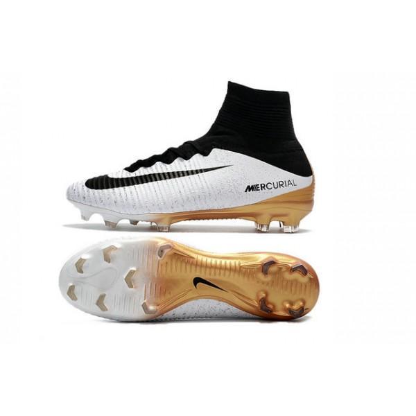 Nike Mercurial Superfly V FG Soccer Cleats White Black Gold - SocSports